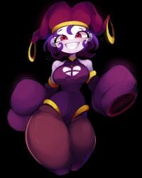 big_breasts boob_window curly_hair cute gazericc gold_jewelry jester jester_hat leggings leotard light-skinned_female no_background oc original_character oversized_clothes purple_hair red_eyes rox_hoxten short_hair tagme thick_thighs white_body