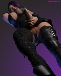 1futa 2018 3d areolae balls big_breasts blue_eyes boots breasts clothed cum cum_drip daz_studio erection futadom futanari highres kira3d leather lipstick looking_at_viewer looking_up masturbation nipples penis piercing plateau_heels purple_hair solo standing_over_viewer strapped_boots straps thighhigh_boots thighhighs underboob upskirt url