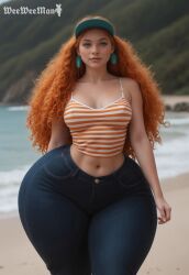 1girls ai_generated ass beach big_ass bottom_heavy breasts camisole earrings inner_workings jeans kate_(inner_workings) large_ass light-skinned_female long_hair realistic red_hair small_breasts thick_ass thick_legs visor_cap watermark wide_hips