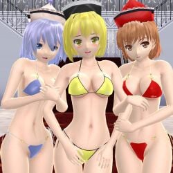 2024 3d 3girls arms_held belly_button bikini blonde_hair_female blue_bikini blue_eyes_female blue_hair_female blush breasts brown_eyes_female brown_hair_female cleavage ghost_girl hat hati_yukkuri_mmd headwear hips holding_arms indoors interior_background jpeg light-skinned_female looking_at_viewer lunasa_prismriver lyrica_prismriver merlin_prismriver mmd open_mouth red_bikini short_hair swimsuit touhou trio_female trio_focus waist yellow_bikini yellow_eyes_female