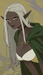 1girls artist_request cithis dark-skinned_female dark_elf dungeon_meshi elf_ears large_breasts long_hair looking_at_viewer pendulous_breasts pov simple_background smiling tattoo white_hair