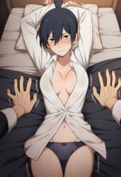 1boy 1girls ai_generated black_hair black_panties blush breasts chainsaw_man genderswap genderswap_(mtf) hands_behind_head hayakawa_aki on_bed open_shirt panties pinned pov rule_63 sweatdrop thighs_together topknot trembling unbuttoned_shirt white_shirt