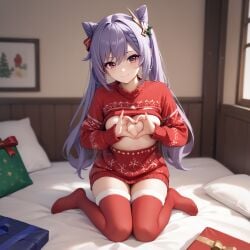 ai_generated christmas genshin_impact keqing_(genshin_impact) pink_eyes purple_hair simple_background