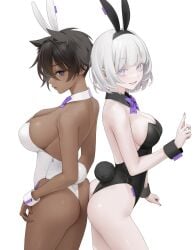 2girls ass_to_ass bunny_ears bunnysuit dark-skinned_female imlllsn large_breasts looking_at_viewer shiny_skin short_hair small_breasts smiling white_hair