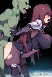 arm_grab arms_behind_back ass bodysuit breasts covered_navel covered_nipples fate/grand_order fate_(series) goblin green_skin hips interracial interspecies large_ass large_breasts lowball01 navel open_mouth penetration purple_hair red_eyes saliva saliva_trail scathach_(fate) sex sex_from_behind stomach_bulge tight_clothing tongue tongue_out torn_clothes