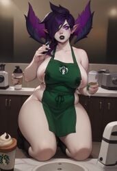 ai_generated apron big_breasts child_bearing_hips chubby coffee coffee_cup cup lactation lactation_through_clothes large_breasts large_thighs league_of_legends mommy mommy_kink morgana pale-skinned_female pale_skin purple_eyes purple_hair starbucks thick_thighs voluptuous voluptuous_female