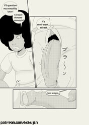 2boys afro anus ass big_penis comic dark-skinned_male foreskin gay greyscale kokujin male male_on_male monochrome multiple_boys open_fly original penis prodding pubes yaoi