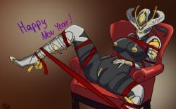 1girls ass assless_chaps blonde_hair bottomless breasts female female_focus female_only gold_jewelry hat looking_at_viewer looking_back mask mesa_(warframe) mesa_prime_(warframe) new_year orange_eyes solo_female warframe