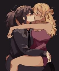 2girls arm_around_head arm_around_neck au black_pants blonde blonde_female blonde_hair blonde_hair_female blue_eyes blush blushing boobs brown_hair class_of_'09 comic comic_page earring earrings eyes_closed female female_focus flustered gay_kissing grabbing grabbing_ass hair_bun headpat holding holding_ass jecka_(class_of_'09) jeckole juujjuli kissing lip_piercing long_hair making_out medium_breasts messy_hair nicole_(class_of_'09) pale-skinned_female pale_skin pants pink_dress ponytail sitting sitting_on_lap suit suit_and_tie tan_body tan_skin thighs tie white_body white_skin yellow_hair yuri