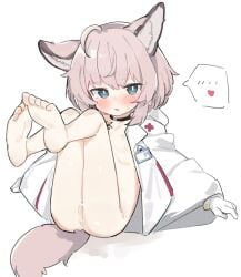 anus ass blue_eyes blush cub flat_ass flat_chest heart_symbol innie_pussy legs_up pink_hair wolf_ears wolf_girl wolf_humanoid