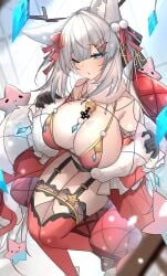 absolute_territory big_breasts bikini bikini_top breasts christmas christmas_clothing christmas_outfit fox_ears fox_girl large_breasts meridian_project mizuki_(vtuber) stockings thighhighs thighs virtual_youtuber weyas_kayur white_hair