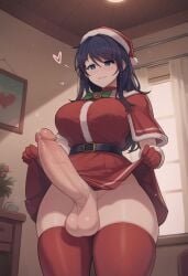 1futa ai_generated altra_x big_breasts big_penis blue_eyes blue_hair choker futanari heart low-angle_view miside mita_(miside) penis precum santa_costume santa_hat skirt skirt_lift smile stockings testicles veiny_penis wide_hips