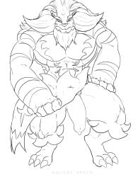 anthro aquilesbraco bastigor big_muscles black_and_white clothing clothing_aside digitigrade flaccid genitals hair hi_res male mane mane_hair monochrome muscular muscular_anthro muscular_male pal_(species) palworld penis pocketpair solo watermark