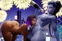 2girls 3d absurd_res ass big_ass breast_squish breasts champagne dark-skinned_female female female_only hi_res highres huge_ass lesbian licking licking_abs licking_belly light-skinned_female navel nemesis_3d new_year nipples overwatch pouring_on_self pussy shiny_skin sombra thick_ass thick_thighs thighs video_game_character voluptuous wide_hips widowmaker wine yuri