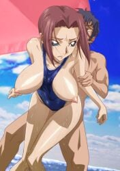 beach breasts_out censored code_geass female female kallen_stadtfeld kyabakurabakufu large_breasts rape red_hair sex sex_from_behind short_hair swimsuit umbrella