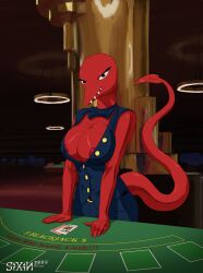 areola areola_slip bedroom_eyes big_breasts blackjack_(card_game) bow_tie breasts card card_game casino cleavage cleavage_overflow clothed clothing curvy_figure dealer demon female fiend_(pilotredsun) gambling gaming hi_res humanoid king meme narrowed_eyes pilotredsun playing_card poker red_body red_skin royalty seductive sixin solo_focus spiked_tail spikes spikes_(anatomy) tail tight_clothing topwear unprofessional_behavior vest voluptuous