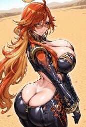 1girls ai_generated ass ass_cleavage bodysuit breasts butt_crack cleavage curvy curvy_figure desert female female_only from_behind genshin_impact hourglass_figure large_ass large_breasts mature_female mavuika_(genshin_impact) red_eyes red_hair solo sunglasses unzipped unzipped_bodysuit wide_hips