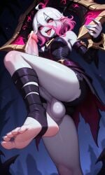 ai_generated big_balls brat briar_(league_of_legends) cum flat_chest foot_fetish footwear futanari large_balls large_penis large_penis_veins league_of_legends leaking_cum long_penis pale-skinned_female pale_skin purple_hair sharp_teeth thick_penis thick_thighs vampire_girl