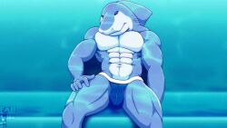 2014 5_fingers abs anthro blue_body blue_scales bulge closed_smile clothed clothing digital_drawing_(artwork) digital_media_(artwork) dorsal_fin fabfelipe featureless_chest fin fingers fish front_view gills hand_on_leg hand_on_own_leg hand_on_own_thigh hand_on_thigh male marine mouth_closed multicolored_body multicolored_scales muscular muscular_anthro muscular_male navel scales shark sitting smile solo thong thong_only topless two_tone_body two_tone_scales underwater underwear underwear_only white_body white_scales