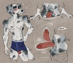 1boy anthro balls big_penis bodily_fluids bouncing_penis boxers_(clothing) boxers_only bulge canid canine canis clothed clothing detailed_bulge domestic_dog dripping erection floppy_ears foreskin fur genital_fluids genital_outline genitals grey_body grey_fur groggy hi_res humanoid_genitalia humanoid_penis male mammal partially_clothed penis penis_outline penis_poking_out penis_through_leghole precum precum_drip scottie_(scottieman) scottieman shirtless_anthro shirtless_male solo tired topless underwear underwear_down underwear_only waking_up