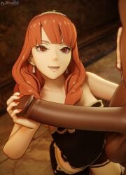 1boy 1girls 3d alternate_costume bandit bangs bare_arms bare_shoulders bare_thighs black_bodice black_shorts bodice breasts caress caressing_penis celica_(fire_emblem) cheating cheating_wife collarbone dark-skinned_male dochaunt24 eager earrings female female_focus fire_emblem fire_emblem_echoes:_shadows_of_valentia fire_emblem_warriors grin groping hand_on_another's_stomach handjob horny horny_female imminent_sex indoors kneeling large_penis larger_male light-skinned_female light_skin looking_up male medium_breasts medium_hair netorare nintendo official_alternate_costume orange_eyes orange_hair penis penis_awe penis_grab royalty shorts shoulders smaller_female smile solo_focus story_at_source thighhighs thighs uncensored underwear