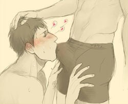 2boys attack_on_titan bertolt_hoover black_hair blonde_hair bulge erection erection_under_clothes fellatio_through_underwear gay male male/male male_only oral penis reiner_braun underwear yaoi