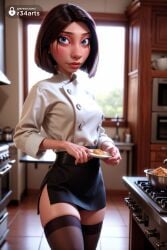 1girls ai_generated artist_name black_hair black_skirt black_thighhighs blue_eyes blurry blurry_background bob_cut breasts brown_hair buttons chef colette_tatou cooking disney food hi_res holding indoors kitchen lips long_sleeves looking_at_viewer medium_breasts nose oven pencil_skirt pixar plate r34arts ratatouille short_hair side_slit skirt solo stove thighhighs zettai_ryouiki