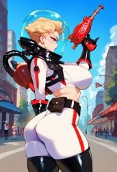 2d ai_generated big_ass big_breasts blonde_hair fallout female female_focus female_only nuka_girl outdoors short_hair skin_tight solo solo_female solo_focus spacesuit tagme vault_girl