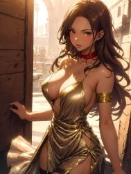 ai_generated anime arczisan babe beautiful beautiful_females big_breasts braclet brown_hair brown_hair_female cana_alberona chocker cleavage dress fairy_tail female female_only girl gold_bracelet gold_dress magical_girl sexy stable_diffusion witch