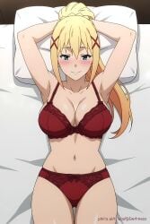 ai_generated blonde_hair blue_eyes blush bra breasts darkness_(konosuba) female girl kono_subarashii_sekai_ni_shukufuku_wo! lingerie looking_at_viewer new_year panties red_lingerie