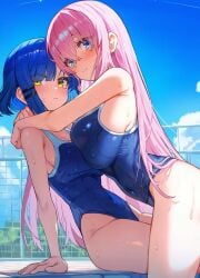 ai_generated bare_thighs big_breasts blue_eyes blue_hair bocchi_the_rock! breasts_squeezed_together fluxionis gigantic_breasts gotou_hitori huge_breasts huge_thighs light-skinned_female light_skin long_hair looking_at_viewer massive_breasts one-piece_swimsuit pink_hair short_hair squatting sweat sweatdrop thick_body thick_female thick_thighs thighs voluptuous voluptuous_female yamada_ryou yellow_eyes yuri