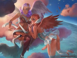 2girls angel angel_cecilia angel_minerva angel_wings ass ballet_dress ballet_slippers blue_eyes bra bracelet breasts cecilia cleavage cum dark_skin dickgirl dress duyumind erection facial flying futa_on_futa futanari garter_straps hair hair_ornament hair_ribbon intersex large_penis long_hair minerva navel necklace panties penis penis_under_skirt pink_hair purple_hair ribbon swan testicles thighhighs tutu voluptuous wings