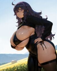 ai_generated artist_request bare_thighs bikini game_freak gigantic_breasts hairband hex_maniac high_resolution huge_breasts huge_thighs light-skinned_female light_skin long_hair looking_down low-angle_view massive_breasts nintendo oiled_body oiled_skin pokemon pokemon_xy purple_eyes purple_hair sideboob smiling solo_female squatting stockings sweat sweatdrop thick_body thick_female thick_thighs thighs very_long_hair voluptuous voluptuous_female