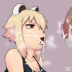 after_fellatio animal_ears araiguma-san blonde_hair breasts censored cleavage cum cum_in_mouth cum_on_hair cum_on_tongue cum_string dark-skinned_male facial female flaccid hair_over_one_eye heavy_breathing large_breasts lips mosaic_censoring original payot penis raccoon_ears red_eyes short_hair solo_focus tsukudani_(coke-buta) veins veiny_penis