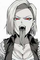 ai_generated android_18 artist_request black_and_white dragon_ball dragon_ball_z fangs long_tongue red_eyes suggestive vampire