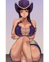 1girls bare_arms bare_legs bare_shoulders bare_thighs big_breasts black_hair blue_eyes blush bursting_out_of_clothing clothed clothing color female female_focus female_only hi_res large_breasts light-skinned_female light_skin long_hair looking_at_viewer luchidart nico_robin one_piece shounen_jump solo solo_female tagme thick_thighs