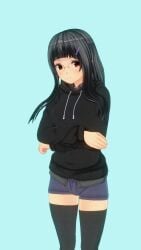 3d black_hair black_hoodie black_thighhighs blue_background brown_eyes glasses highres hood hoodie long_hair non-web_source short_shorts shorts tenkawa_hinata thighhighs