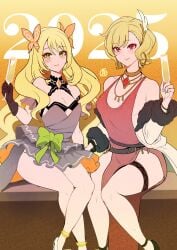 2024 2025 2girls alcohol bare_arms bare_legs bare_shoulders blonde_hair blush breasts butterfly_hair_ornament celine_(fire_emblem) champagne_flute citrinne_(fire_emblem) cleavage collar collarbone covered_nipples crossed_legs cup dress drinking_glass earrings feather_hair_ornament feathers female female_only fire_emblem fire_emblem_engage frilled_dress frills glass gloves green_eyes hair_ornament high_heels highres holding holding_cup jacket jewelry legs long_hair long_sleeves looking_at_viewer medium_breasts mismatched_earrings multiple_girls necklace new_year nintendo orange_background pelvic_curtain red_eyes revolverwingstudios short_hair short_sleeves sideboob sitting small_breasts smile very_long_hair yellow_hair