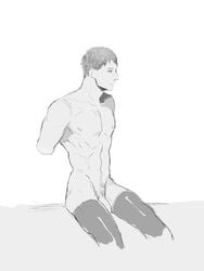 1boy attack_on_titan bertolt_hoover black_hair greyscale male male_only monochrome penis shingeki_no_kyojin solo tagme thighhighs