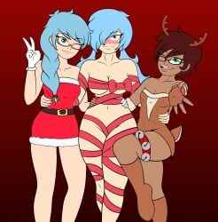 3girls blush christmas female graciousdegenerate pinup renee_(graciousdegenerate) ribbon sabrina_(limbros) summer_(undercoverskeleton) tagme