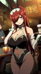 adorable ai_generated bar_room belly big_breasts blush bowtie bunny_ears bunny_girl bunnysuit curvy_female erza_scarlet fairy_tail gloves long_hair pantyhose public red_hair ribbon sexy_pose thick_thighs waitress