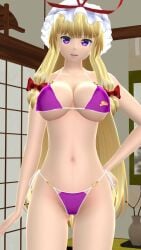 1girls 2024 3d belly_button bikini blonde_hair_female breasts cleavage hand_on_hip hat hati_yukkuri_mmd headwear hips indoors interior_background jpeg light-skinned_female long_hair_female looking_at_viewer mmd mob_cap open_mouth purple_bikini purple_eyes red_bowtie red_ribbon solo_female solo_focus swimsuit touhou waist youkai yukari_yakumo