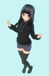 3d black_hair black_hoodie black_thighhighs blue_background brown_eyes glasses highres hood hoodie long_hair non-web_source short_shorts shorts tenkawa_hinata thighhighs