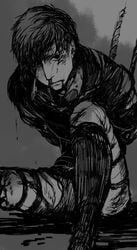 abuse attack_on_titan bertolt_hoover black_hair greyscale male male_only male_ryona monochrome solo tied