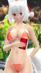 1girls 2023 3d belly_button bikini blush breasts clavicle cleavage clouds flowers hat hati_yukkuri_mmd headwear hips holding_object jpeg kemonomimi light-skinned_female mmd momiji_inubashiri open_mouth orange_bikini outdoors red_eyes short_hair_female solo_female solo_focus sunset swimsuit tengu tokin_hat touhou trees waist white_hair_female white_tail white_wolf wolf_girl wolf_tail youkai