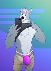 2023 anthro areola artist_name big_bulge biped blue_eyes bulge canid canine canis cellphone clothed clothed_anthro clothed_male clothing clothing_lift electronics fingers front_view fullbodywolf fur grey_body grey_fur hair hi_res holding_cellphone holding_object holding_phone holding_smartphone humanoid_hands jockstrap male mammal muscular muscular_anthro muscular_male nipples onomatopoeia phone pink_clothing pink_hair pink_jockstrap pink_underwear portrait pose seductive selfie shirt shirt_lift short_hair signature simple_background skimpy smartphone solo sound_effects standing text three-quarter_portrait topwear underwear unzipped unzipped_pants wolf zipper