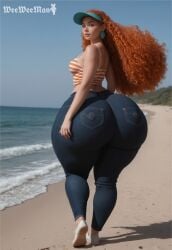 1girls ai_generated ass beach big_ass bottom_heavy breasts camisole earrings inner_workings jeans kate_(inner_workings) large_ass light-skinned_female long_hair realistic red_hair small_breasts thick_ass thick_legs visor_cap watermark wide_hips