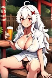 1girls ahoge ai_generated alufliniy beer busty cup drunk drunk_female erispheria hair_ornament huge_breasts red_eyes revealing_clothes sitting sitting_on_chair sweating twitch undressing virtual_youtuber vtuber white_hair youtube youtube_hispanic