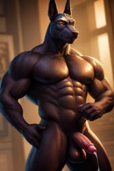 3d ai_generated anthro anubis balls cock cum grey male muscular naked nude shot solo tagme