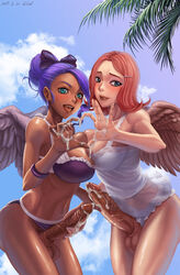 2futas angel angel_cecilia angel_minerva angel_wings aqua_eyes ballerina ballet_dress balls beauty_mark bikini blue_eyes blush bra breast_press cecilia cleavage cum cum_on_hands cum_on_penis dark_skin dickgirl dress earrings elleciel.eud erection eyeliner futa_with_futa futanari hair hair_bun hair_ribbon hairclip hairless_balls handjob intersex large_penis lipstick makeup minerva mole navel open_mouth original panties panties_aside penis penis_under_skirt pink_hair purple_bikini purple_hair purple_ribbon ribbon short_hair smile standing testicles tutu veiny veiny_penis white_dress wings